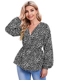 Women's Leopard Wrap Blouse Peplum Top V Neck Lantern Long Sleeve Shirt Leopard