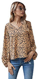 Women's Leopard Print Shirts Bishop Long Sleeve V Neck Blouse Tops