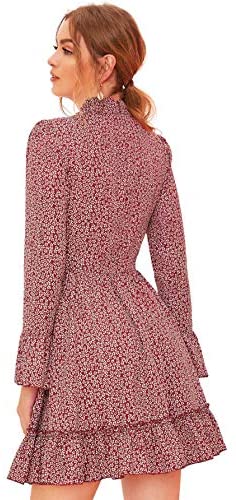 Women's Bell Long Sleeve Ruffle Layer Hem Floral Flare Short A Line Dress