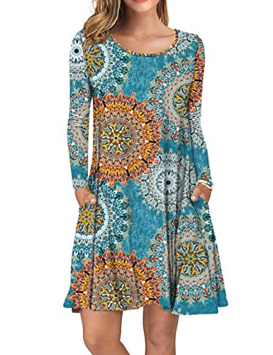 Women's Long Sleeve Print Floral Pleated Pockets Casual Swing T-Shirt Dresses