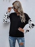 Women's Long Sleeve Round Neck Cow Print Keyhole Colorblock Causal Cotton Pullover Blouse