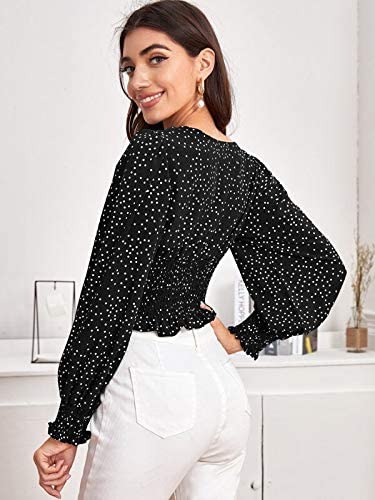 Women's Long Bishop Sleeve Polka-dot Crop Top Blouse Shirred Tie Front Sweetheart Neck Shirt