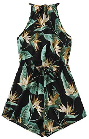 Women's Tropical Floral Tie Back Belted Halter Romper Boho Sleeveless Playsuit Summer Jumpsuit Casual Jumper