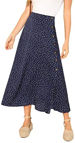 Women's Polka Dot A-Line Button Side Split Midi Knee Length Skirt