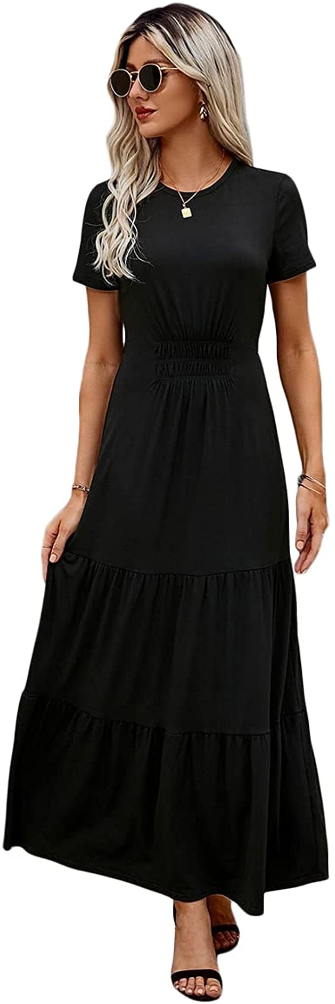 Women's Ruched High Waist Ruffle Round Neck Short Sleeve A line Maxi Dress