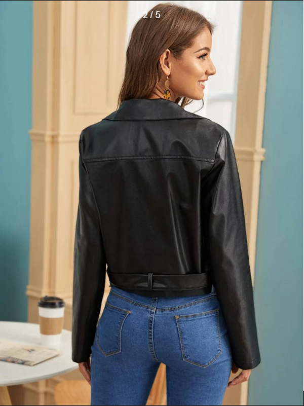 Floral Embroidery Belted PU Biker Jacket