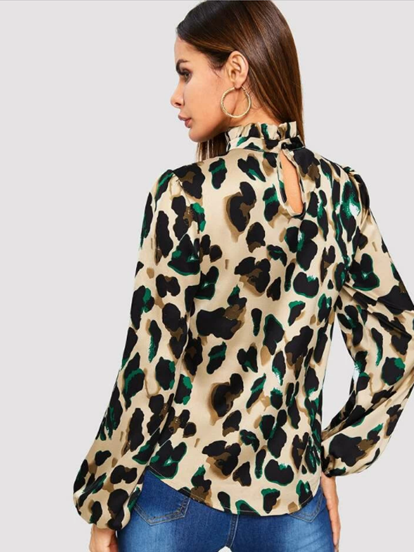 BISHOP SLEEVE FRILL NECK LEOPARD BLOUSE