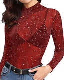 Women's Long Sleeve Short Sleeve Glitter Sheer Mesh Tops T Shirt Blouse Clubwear