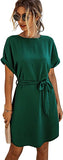 Women's Casual Short Sleeve Round Neck Self Belted Straight Mini Dress