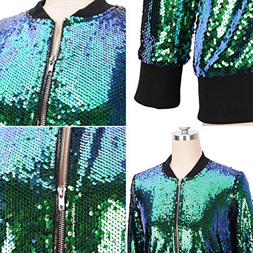 Women's Sequin Fitted Long Sleeve Zipper Blazer Bomber Jacket Rainbow