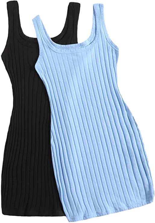 Women's 2pcs Sleeveless Solid Ribbed Knit Bodycon Pencil Tank Mini Dress