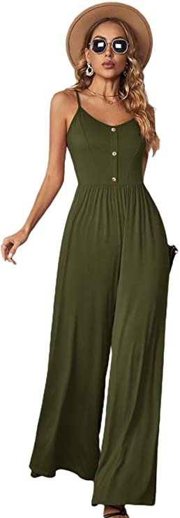 Women's Scoop Neck Sleeveless Button Down Wide Leg Cami Jumpsuit Playsuits