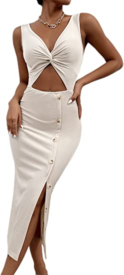 Women's Cut Out Split Thigh Bodycon Midi Dress Twist Front Button V Neck Sleevel