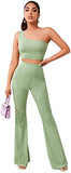 Women's 2 Piece Pants Outfits One Shoulder Crop Tank Top and Flare Pant Set