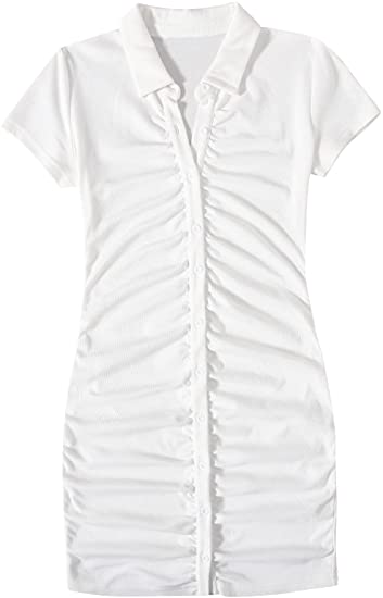 Women's Ruched Cutout Mini Dress V Neck Sleeveless Collar Button Down Bodycon Sh