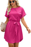 Women's Casual Short Sleeve Round Neck Self Belted Straight Mini Dress