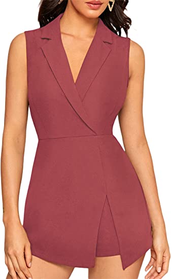 Women's Notch Collar Sleeveless Blazer Jumpsuit Wrap Solid Short Skort Romper