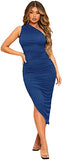 Women's Ruched One Shoulder Midi Bodycon Dress Sleeveless Asymmetrical Solid Dresses