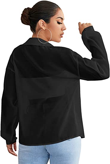 Women's Sheer Button Down Top Long Sleeve Collar Drop Shoulder Blouse Shirt