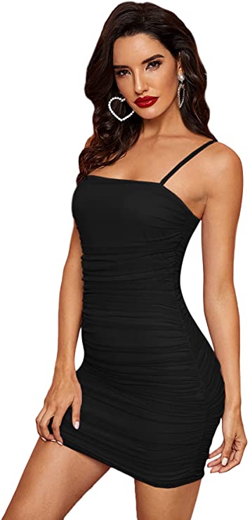 Women's Ruched Bodycon Mini Dress Sheer Mesh Sleeveless Spaghetti Stra Divahotcouture Women's Ruched Bodycon Mini Dress Sheer Mesh Sleeveless Spaghetti Stra Divahotcouture