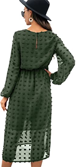 Women's Casual Dresses Long Sleeve High Waist Midi Dress Crewneck A Line Dress S