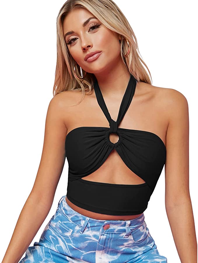 Women's Sleeveless Cut Out Halter Neck Tie Backless Crop Tank Top