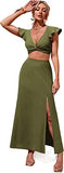 Women's Twist Plunging Neck Ruffle Crop Blouse Top 2 Pieces Midi Skirt Set