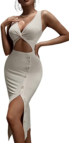 Women's Cut Out Split Thigh Bodycon Midi Dress Twist Front Button V Neck Sleeveless Dresses