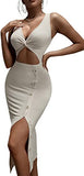 Women's Cut Out Split Thigh Bodycon Midi Dress Twist Front Button V Neck Sleeveless Dresses