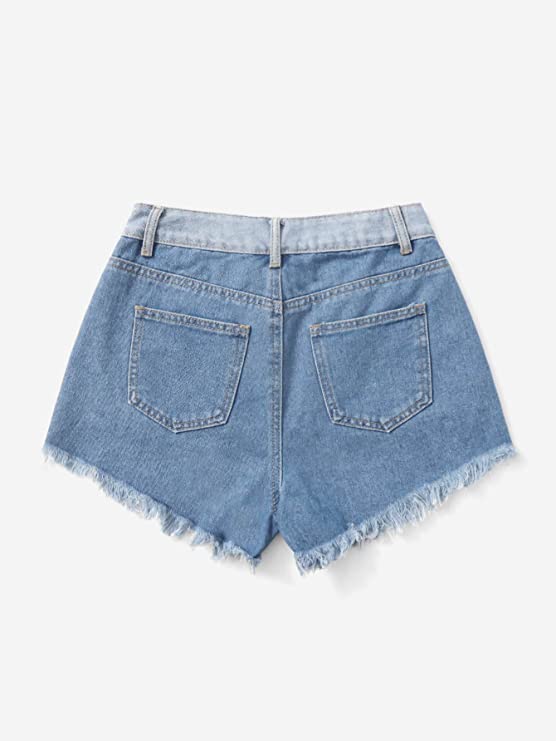 Girl's Color Block High Waisted Jean Shorts Straight Leg Raw Hem Denim Shorts