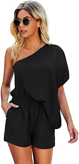 Women's One Shoulder Batwing Short Sleeve Romper High Waist Short Jumpsuit