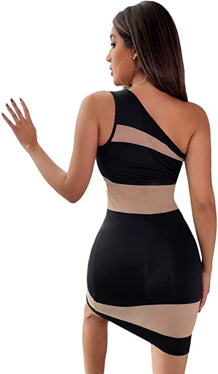 Women's Sleeveless One Shoulder Bodycon Color Blcok Short Tank Dress