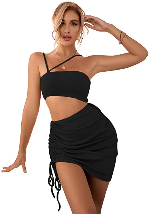 Women's Cut Out Waist Ruched Drawstring Sleeveless Bodycon Pencil Mini Dress