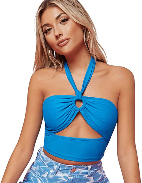 Women's Sleeveless Cut Out Halter Neck Tie Backless Crop Tank Top