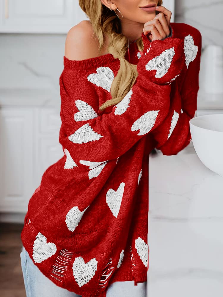 Women Off Shoulder Long Sleeves Casual Tops Hearts Printed Pullovers Sweater