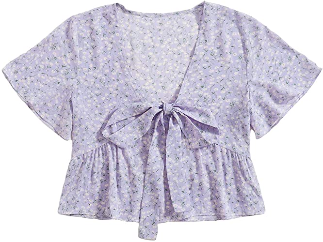 Women's Floral Tie Front Blouse Short Sleeve Ruffle V Neck Crop Top