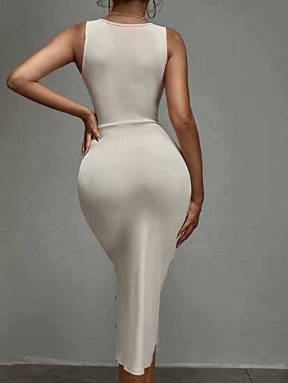 Women's Cut Out Split Thigh Bodycon Midi Dress Twist Front Button V Neck Sleeveless Dresses