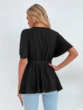 Women's Flare Short Sleeve Wrap Peplum Blouse V Neck Belted Solid Top Shirts