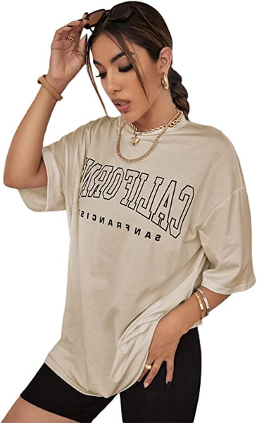 Women's Casual Graphic Short Sleeve Tee Oversized Round Neck T Shirt Tops