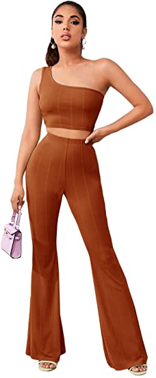 Tie-back Ruched Crop Top High Waist Flares Long Pants Set  Flared pants  outfit, Tops for leggings, Two piece outfit