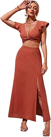 Women's Twist Plunging Neck Ruffle Crop Blouse Top 2 Pieces Midi Skirt Set