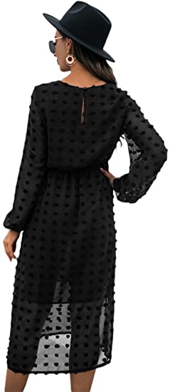 Women's Casual Dresses Long Sleeve High Waist Midi Dress Crewneck A Line Dress Swiss Dots Flowy Dresses