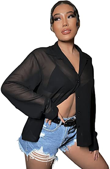 Women's Sheer Button Down Top Long Sleeve Collar Drop Shoulder Blouse Shirt