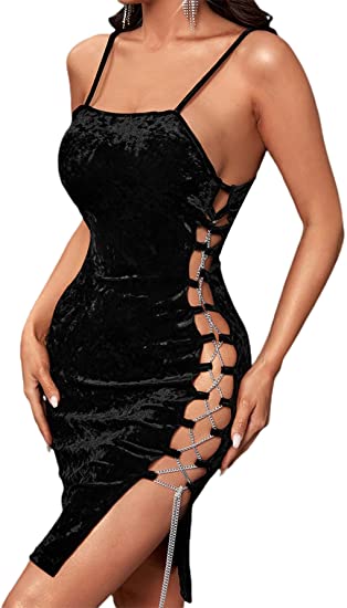 Women's Lace Up Sleeveless Velvet Bodycon Mini Dress Strappy Chain Cami Party Dresses