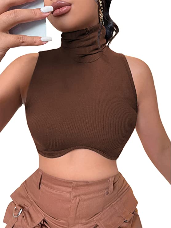 Women's Turtleneck Sleeveless Crop Tank Top Ribbed Knit Solid Crop Tops