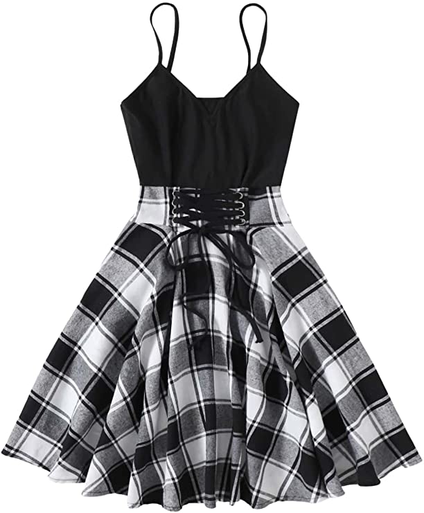 Women's Plaid Lace Up V Neck Flare Hem Strappy High Waist Mini Dress