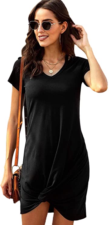 Women's Twist Front Short Sleeve Mini Dress V Neck Cut Out T Shirt Short Dresses