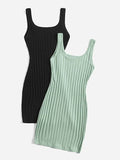 Women's 2pcs Sleeveless Solid Ribbed Knit Bodycon Pencil Tank Mini Dress