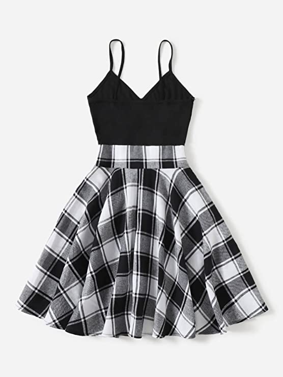 Women's Plaid Lace Up V Neck Flare Hem Strappy High Waist Mini Dress
