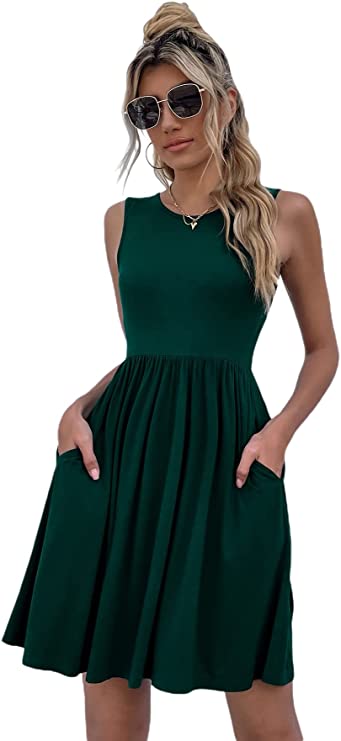 Women's Casual Hidden Pocket Swing Dress Sleeveless Round Neck Flared Dress